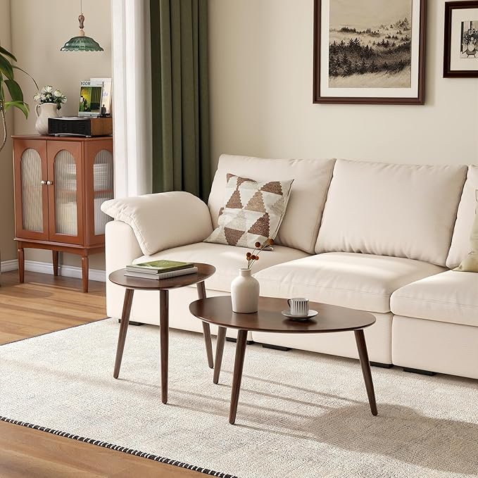 Small Oval Coffee Table, Mid Century Modern Coffee Table for Living Room, 100% Solid Oak Wood Side Table End Tables for Home (Walnut Wood Color, 33.46''x22.83''x15.74'')