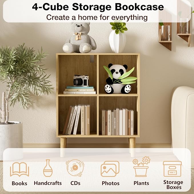 4 Cube Bookcase, Wooden Book Shelf Cube Storage Organizer with Legs, 2 Tier Bookshelf Freestanding Open Shelves for Living Room, Bedroom, Home Office (Oak, 4 Cube)