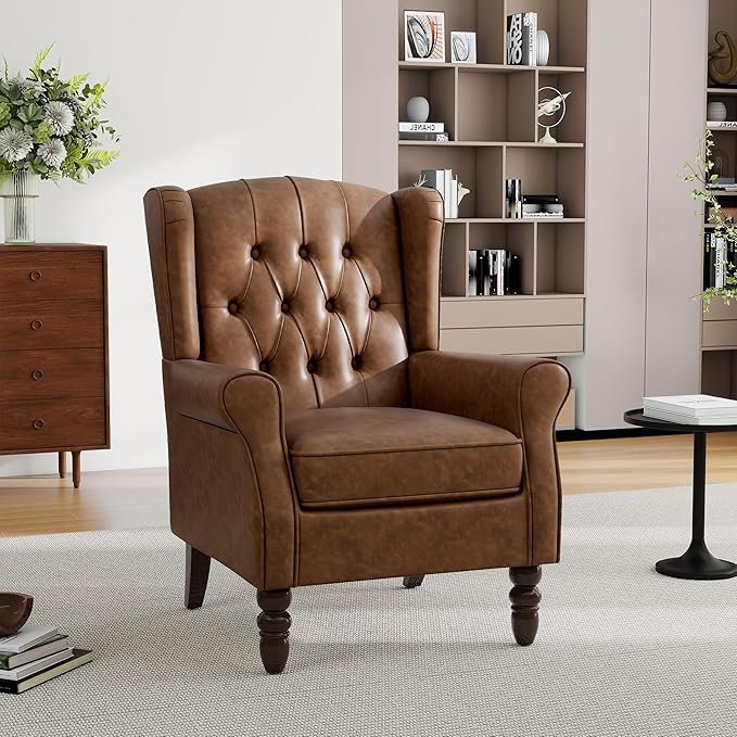 Mid-Century Modern Wingback Accent Chair - Luxe PU Faux Leather Upholstery with Solid Wood Legs, Ergonomic High Back Design - Water Resistant Living Room, Bedroom & Home Office Chair (Brown)