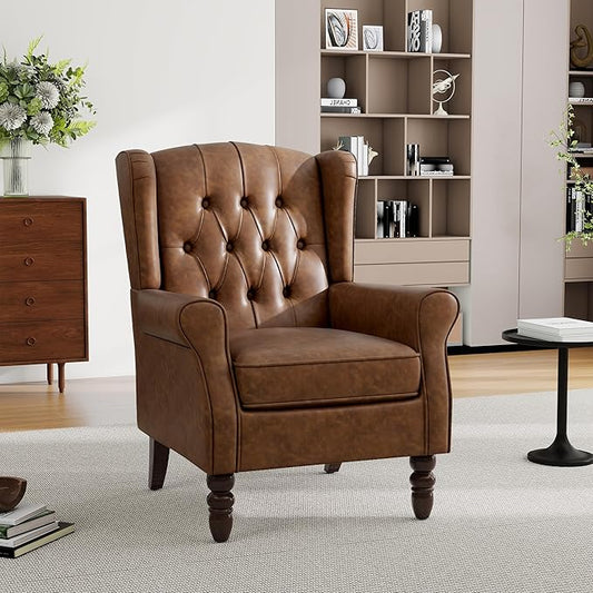 Mid-Century Modern Wingback Accent Chair - Luxe PU Faux Leather Upholstery with Solid Wood Legs, Ergonomic High Back Design - Water Resistant Living Room, Bedroom & Home Office Chair (Brown)
