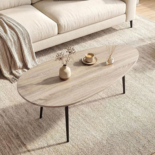 Giantex Oval Coffee Table, Mid Century Modern Center Table with Sturdy Metal Frame and Compact Design, Vintage Accent Cocktail Tea Table, Wood Living Room Tables for Small Spaces (Grey Oak)