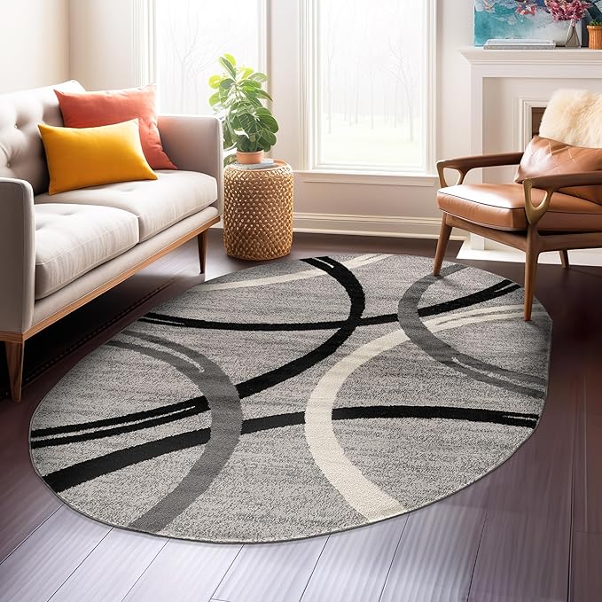 Rugshop Wavy Circles Design Oval Rug, Non-Shedding Carpet for Living Room, Dining Room, or Bedroom, Gray, 5' x 7' Oval