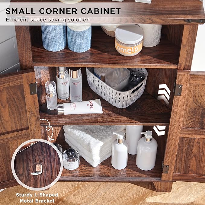 ACCOHOHO Corner Bathroom Cabinet, Farmhouse Small Cabinet with Barn Door & Adjustable Shelf, Storage Cabinets for Bathroom, Kitchen & Living Room, Brown