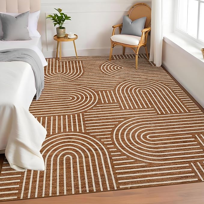 Washable Rug 8x10 Area Rugs for Living Room, Abstract Rug for Bedroom, Soft Rainbow Non Slip Throw Rugs With Rubber Back, Low Pile Stain Resistant Boho Geometric Carpet for Dining Room, Copper