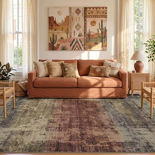 Kokia Abstract Area Rugs 8x10 Bedroom Soft Living Room Rugs Washable Distressed Vintage Comfy Carpet with Non-Slip Backing for Farmhouse Home Office Room Decor, Warm Brown and Dark Sage Green