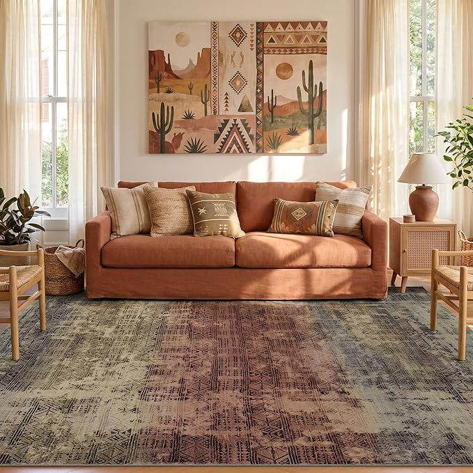 Kokia Abstract Area Rugs Washable Indoor 6x9 Rug Boho Distressed Retro Low Pile Non-Slip Non-Shedding Carpet Bedroom Living Room Dining Room, Warm Brown and Dark Sage Green