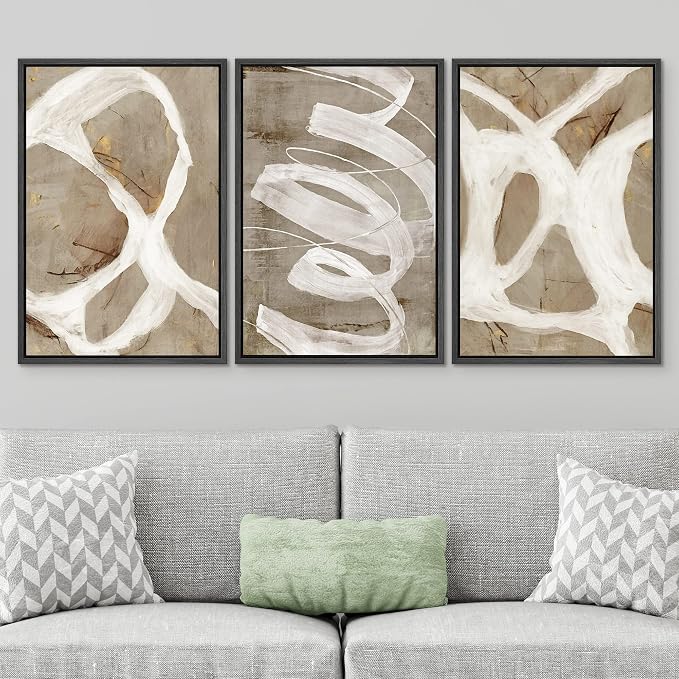 SIGNWIN Framed Canvas Print Wall Art Set White Brown Pastel Paint Strokes Shapes Abstract Illustrations Modern Art Decorative Nordic Chic for Living Room, Bedroom, Office - 24"x36"x3 Black
