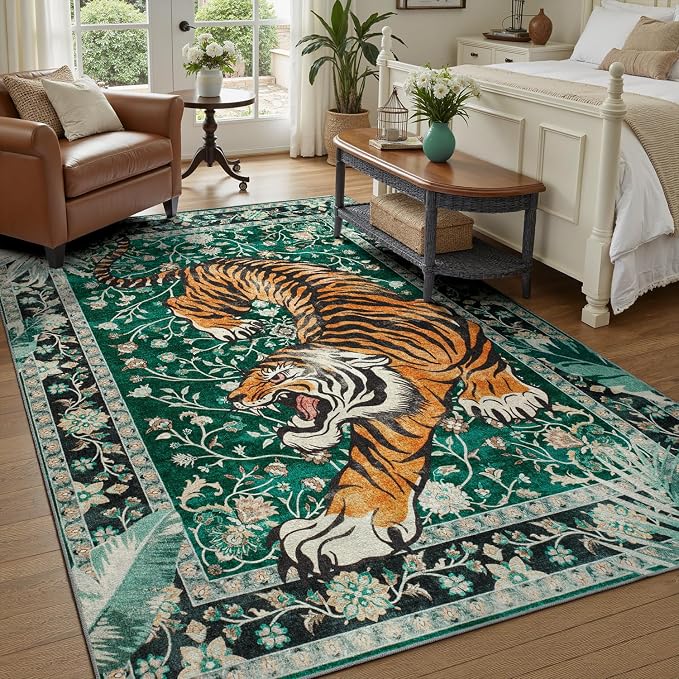 DCX Washable 8x10 Tiger Area Rug, Green Vintage Animal Rug for Living Room, Soft Low Pile Carpet, Kid & Pet Friendly with Rubber Back Non Slip, Stain Resistant Rug for Bedroom Dining Room Office