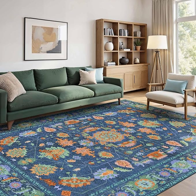 Kokia Green Living Room Area Rug Washable Non Slip Low Pile 6x9 Vintage Oushak Stain Resistant Soft Oriental Rugs for Bedroom, Dining Room, Kitchen, Indoor Leisure Rooms, Nova Peacock