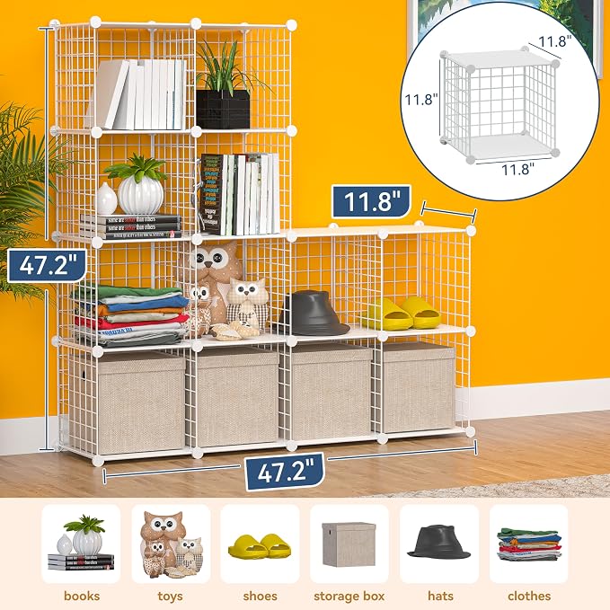 Cube Storage Organizer, Metal 12-Cube Shelves Bookshelf, Portable Closet Clothes Organizer for Bedroom, Home, Office, White