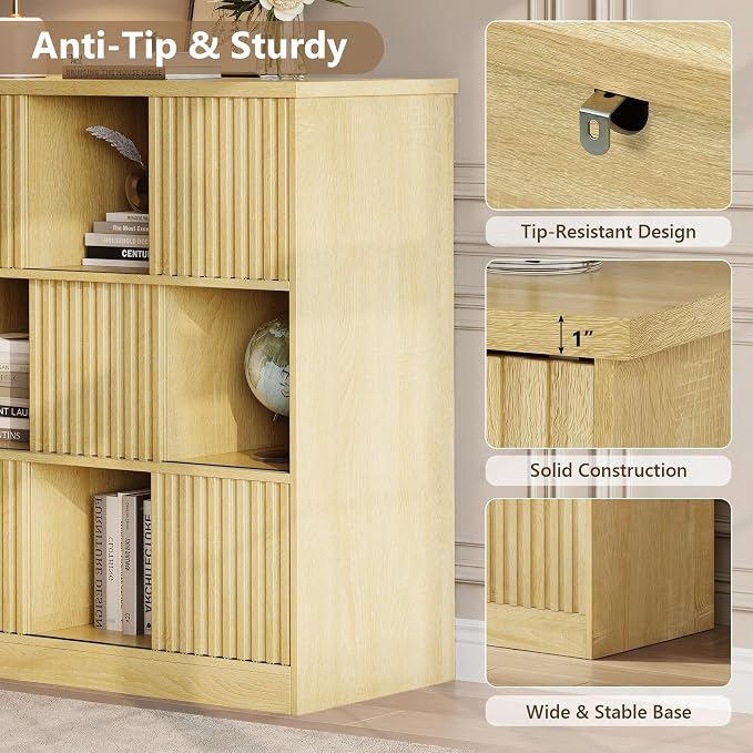 Einhomn Cube Storage Organizer with Sliding Doors, Wooden Bookshelf Storage Cabinet, 9 Cube Bookcase Organizer for Living Room Bedroom Office, Natural
