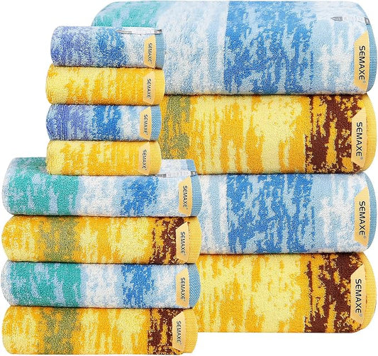 SEMAXE Bath Towel Set, 12 Piece Cotton Towel Set for Bathroom, More Towels for Family Use, Quick Dry with Hanging Loops, Easy Care, Colorful Striped