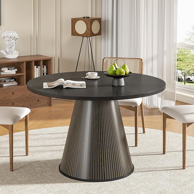 Round Dining Table for 4, Farmhouse Fluted Dining Kitchen Table, 47 Inch Modern Wood Small Circle Dining Table for Kitchen Living Room (Black, 47inch)