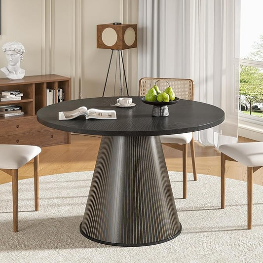 Round Dining Table for 4, Farmhouse Fluted Dining Kitchen Table, 47 Inch Modern Wood Small Circle Dining Table for Kitchen Living Room (Black, 47inch)