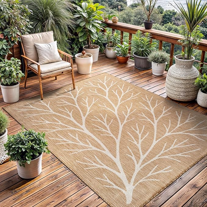Washable Indoor Outdoor Rug 6x9 Modern Area Rugs Branch Pattern Non Shedding Waterproof Easy Clean Patio Deck Porch Living Room Bedroom Garden RV (6 X 9 Natural)