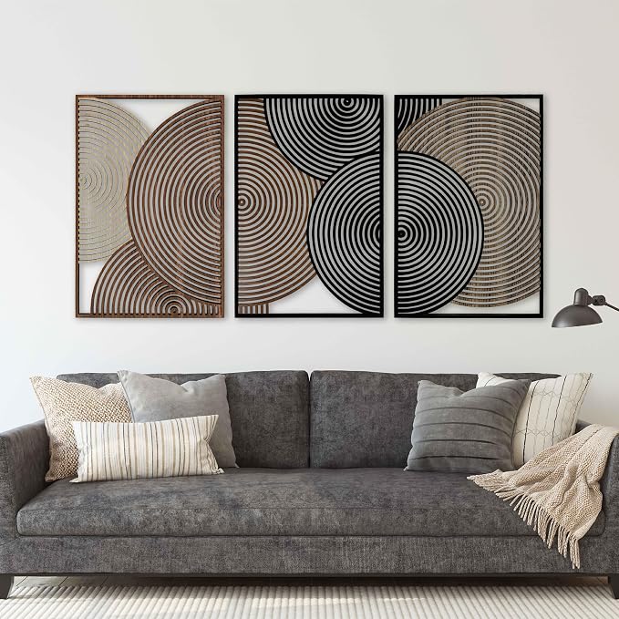 Living Room Wood Wall Art for Mid Century Modern Interiors, Abstract Overlapping Circle Wooden Wall Panel, Contemporary Home Decor Gift for Bedroom