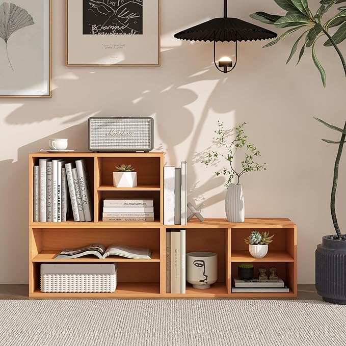 3 Cube Organizer Bookcase, Expandable Storage Shelves, Wooden Open Shelving Unit Book Shelf for Living Room, Office, Bedroom, Mid-Century Style Wood Furniture, Basswood Color (1 Set)