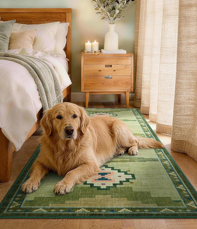 Green Hallway Runner Rug 2x6 Non-Slip, Washable Mid Century Modern Entryway Rug, Low Pile Runner Rug for Kitchen, Bedroom, Laundry Room