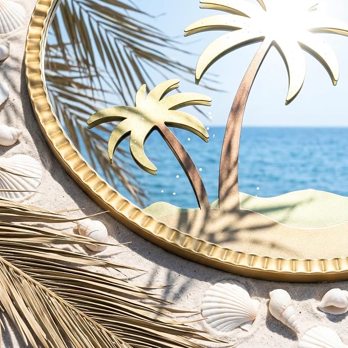 Round Gold Wall Mirror 32" – Decorative Metal Frame Wall Mirror with Tropical Coconut Tree, Beaded Coastal Accent Mirror for Living Room, Bedroom, Bathroom, Beach House