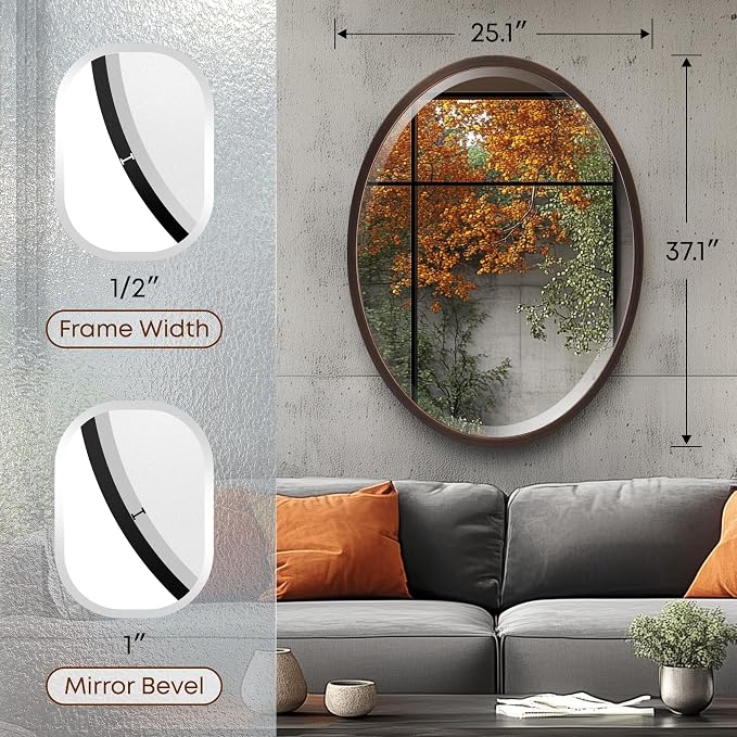 OVALCREST - Oval Wooden Beveled Wall Mirror for Home Decor, Bathroom, Vanity, Bedroom, Living Room, Hallway - London Style (Rubbed Bronze) 37.1 x 25.1