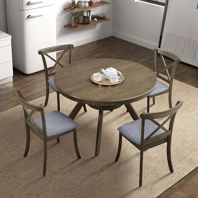 JUSTONE 47.2''Round Dining Table for 4,Modern Kitchen Table Wooden Trestle Pedestal Base,Minimalist Elegant Dining Table for Living Room, Dining Room,Small Space(φ47.2"x29.9"H,Oak)