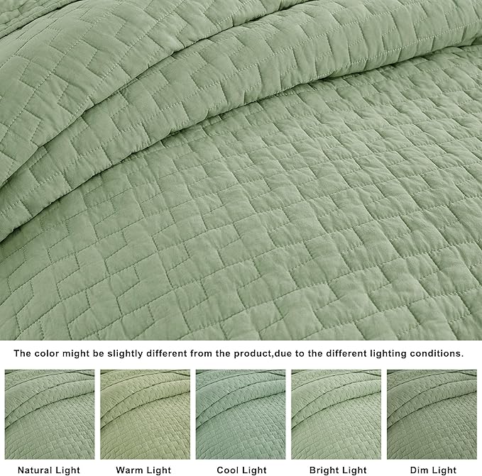 palassio Sage Green 100% Cotton Quilt California Cal King Size Bedding Sets with 2 Pillow Shams, Textured Oversized Lightweight Bedspread Shabby Chic Coverlet, Soft Bed Cover for All Season, 3 Pieces