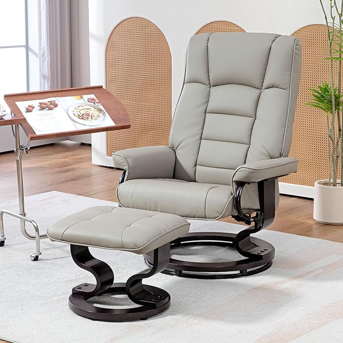 HOMCOM Faux Leather Reclining Chair, Swivel Ottoman Chair, Recliner with Ottoman with High Back and Wood Frame for Living Room, Gray