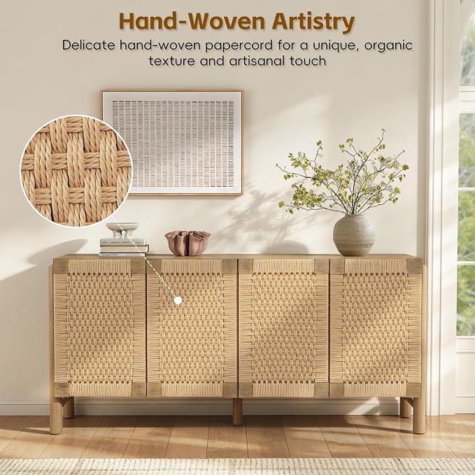 Christopher Knight Home Boho Buffet Cabinet 65.6’’ Modern Coastal Credenza Sideboard Storage Cabinet with Accent Handwoven Paper Rope Doors for Living Room, Dining Room, Hallway & Kitchen, Natural