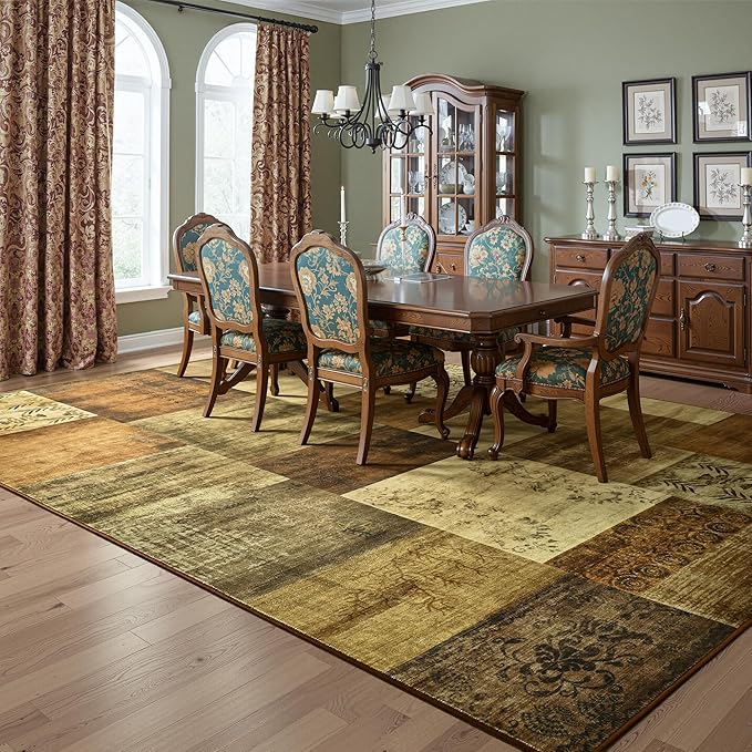 Tepook Modern Area Rug for Living Room, 4x6 Geometric Large Rugs for Bedroom, Washable Patchwork Rug Indoor Non-Slip Throw Carpets for Dining Room Office Farmhouse Home Decor, Brown