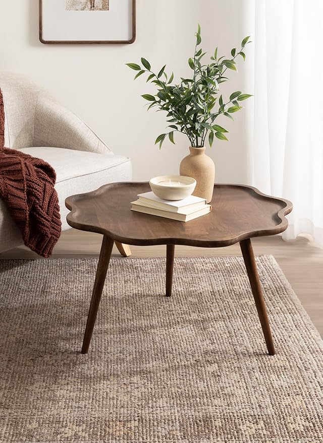 Kate and Laurel Alezar Mid-Century Modern Wavy Round Coffee Table, 30 x 30 x 18, Walnut Brown, Transitional Scalloped Circle Living Room Table with Solid Mango Wood Construction and Tapered Legs