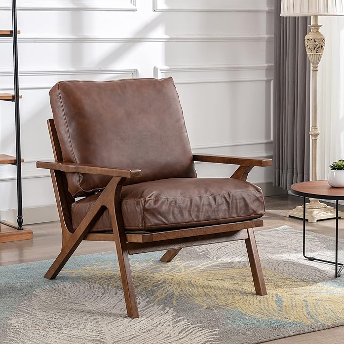 chairus Mid-Century Modern Brown Faux Leather Accent Chair, Comfy Upholstered Lounge Armchair with Removable Cushions & Solid Wood Frame, Retro Fabric Reading Chair for Living Room Bedroom Office