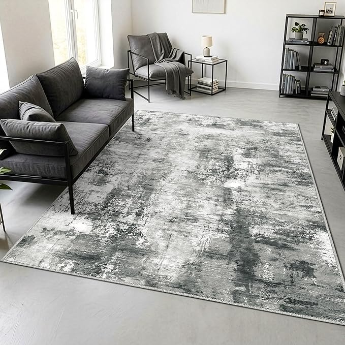 Merelax Washable Area Rugs 5'x8' Grey Abstract Rug for Living Room Bedroom Entryway Nursery, Dining Room and Farmhouse Rug, Non-Slip Modern Indoor Low Pile Soft Floor Carpet, Gray Print Pattern