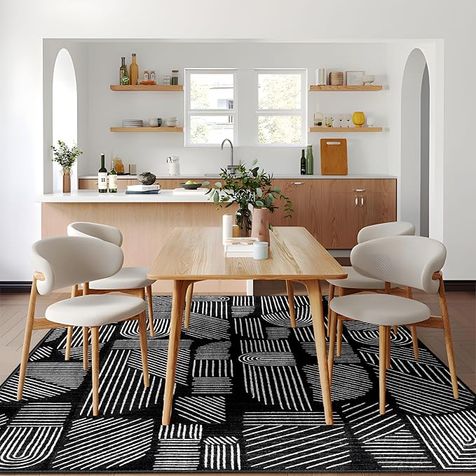 MUJOO 5x7 Washable Area Rug,Mid Century Modern Abstract Non Slip Low Pile Rug,Black and White Rug for Living Room Bedroom Dining Room