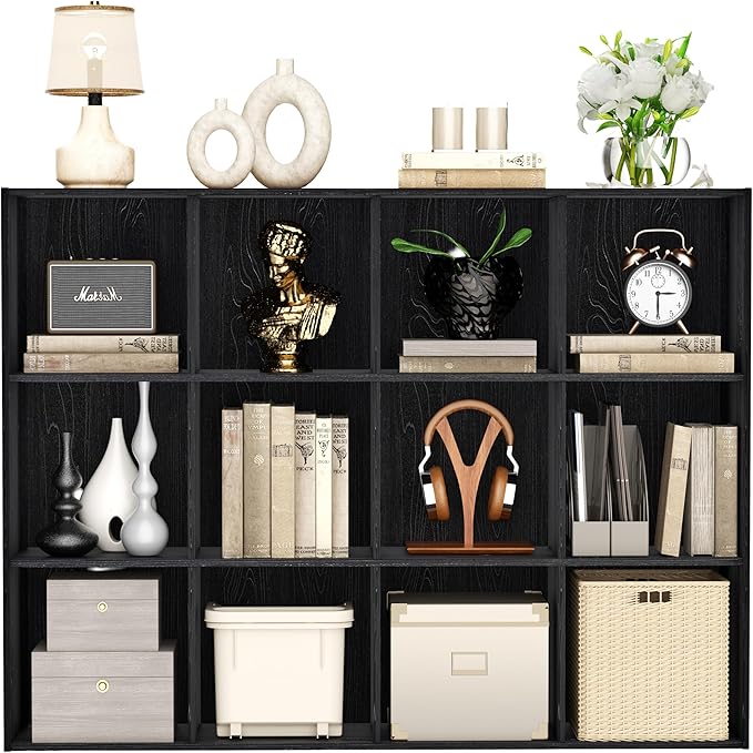 VDNEND Wooden Storage Organizer with Closed Back Panel, 11in Cube Shelf Opening, Bookshelf, Display Shelf,Closet Cabinet for Home and Office (Black, 12-Cube 35.98L*9.45W*47.72H)