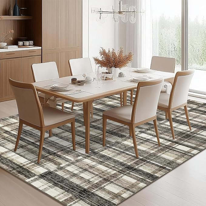 Washable Area Rug 5x7 Rug for Living Room Plaid Low Pile Bedroom Rug Modern Area Rugs Soft Non Slip Throw Rugs Stain Resistant Carpet for Classroom Dining Room Beige 5'x7'