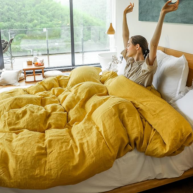Simple&Opulence 100% Linen Duvet Cover Set 3pcs with Coconut Button Closure Natural French Washed Flax Solid Color Soft Breathable Farmhouse Bedding - Mustard Yellow, Full Size