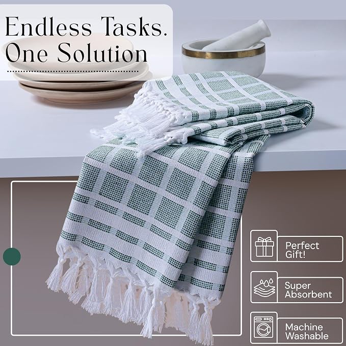 Matrix Dobby Kitchen Towels 4 Pack, 100% Cotton, 16x26 Inches, Reusable Dish Towels with Handmade Tassels, Washable Absorbent Tea Cloths for Cleaning, Cooking - Forest Green, White