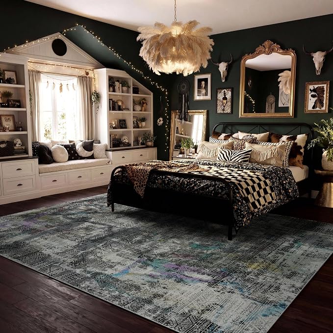 Kokia Abstract Area Rugs 9x12 Bedroom Washable Decor Low Pile Non-Slip Non-Shedding Indoor Black-Gray Carpet Foldable Stain Resistant Floor Mat Living Room Dining Room