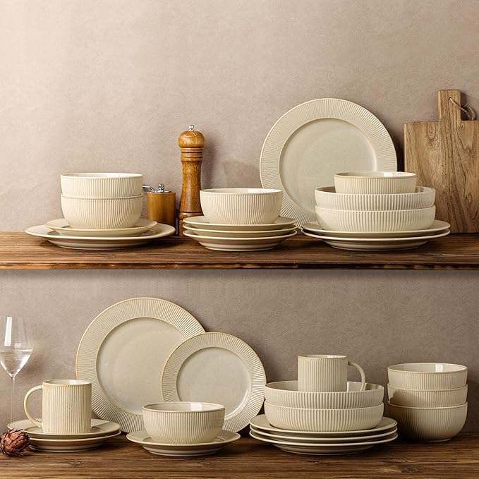 TheTerra Stoneware Dinnerware Sets for 4, 12 Pieces Ceramic Plates and Bowls Sets, Scratch Resistant Embossed Dish Set, Oven, Microwave & Dishwasher Safe, Cappuccino