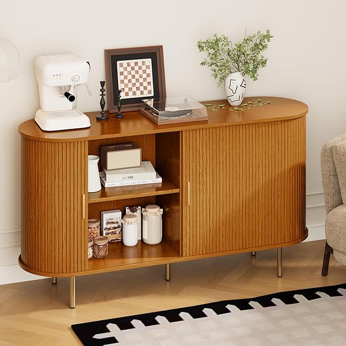 DHH Sideboard Buffet Cabinet with Storage,Mid Century Modern Fluted Accent Coffee Bar Console Table,Tambour Sliding Doors& Adjustable Shelf for Kitchen, Living Room, Entryway(Yellow Walnut 55 Inch)
