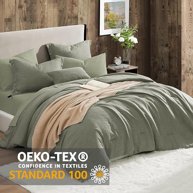 Geniospin Queen Comforter Set - 7 Pieces Comforter Queen Size, Solid Bedding Set for All Season, Textured Bed in a Bag with Sheets, Pillowcases and Shams (Sage Green, 90''x90'')