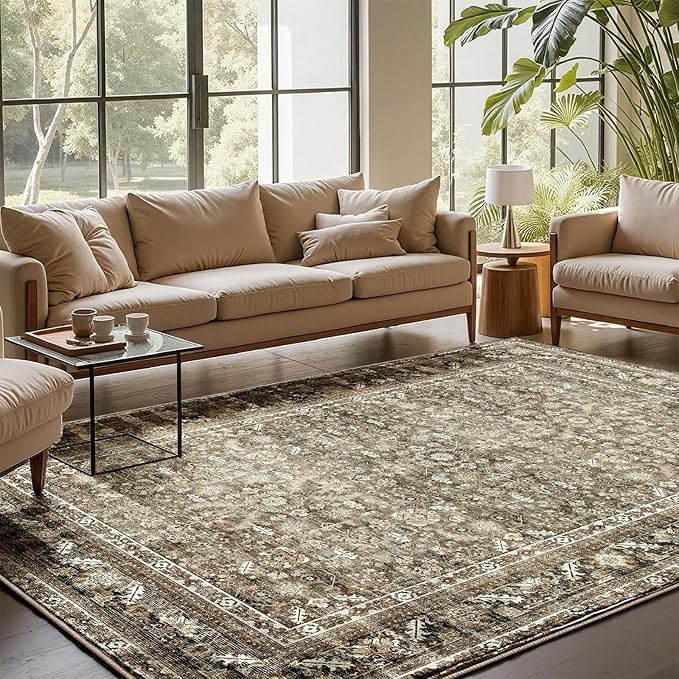 OPPODREAM Vintage Brown Area Rugs 5x7, 5 x 7 Retro Washable Rug Non Slip, Low-Pile Faux Wool Carpet, Distressed Floor Mat for Living Room, Bedroom, Kitchen, Office, Dorm, Dinning Room
