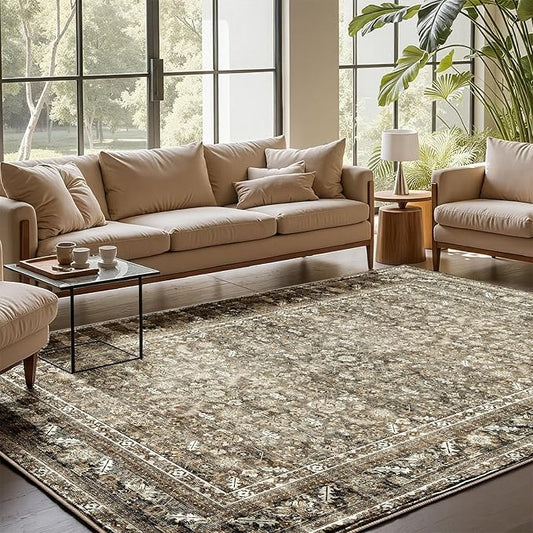 OPPODREAM Vintage Brown Area Rugs 9x12, 9 x 12 Retro Washable Rug Non Slip, Low-Pile Faux Wool Carpet, Distressed Floor Mat for Living Room, Bedroom, Office, Dorm, Dinning Room, Big & Large