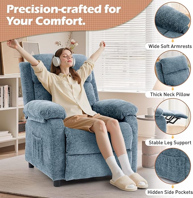 Korser Recliner Chair, Living Room Chairs for Adults, Padded Deep Seat Reading Chair with Side Pockets, Small Recliners for Small Spaces, Lounge Chair for Living Room, Bedroom, and RV (Chenille)