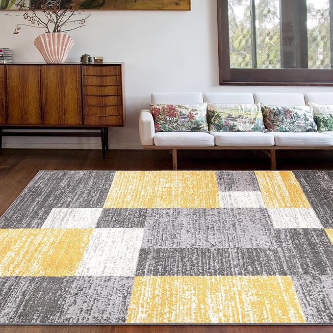 Rugshop Oslo Modern Yellow Area Rug, Geometric Boxes Design, Non-Shedding Carpet for Living Room or Bedroom, 5' x 7'