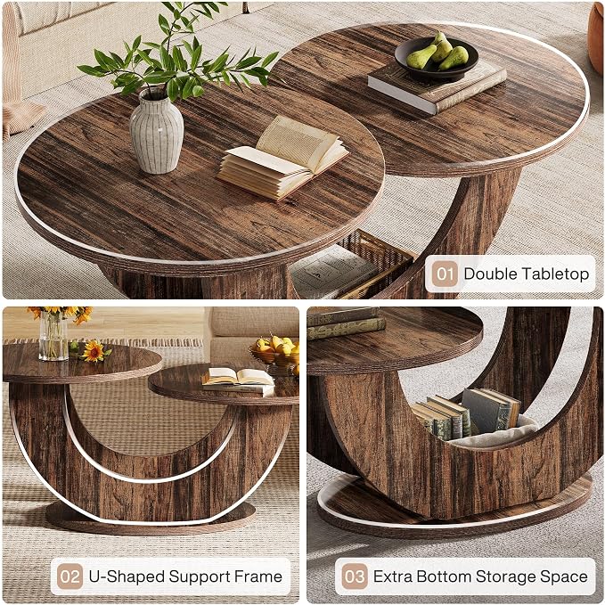 Tribesigns 46-inch Round Coffee Table, Modern Living Room Coffee Table with Funky U-Shaped Frame, Low Accent Center Tea Table for Home, Apartment, Rustic Brown