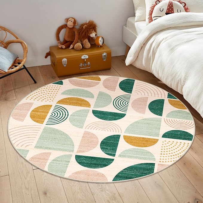 MUJOO Round Rugs 5ft,Circle Area Rug Washable,Circular Rugs for Living Room Dining Room,Boho Non Slip Throw Floor Carpet Modern Abstract Sage Green