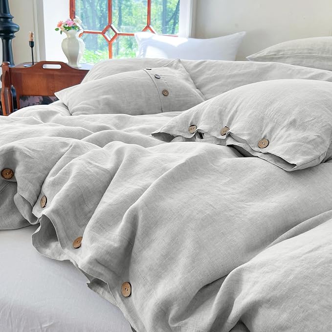 Simple&Opulence 100% Linen Duvet Cover Set 3pcs with Coconut Button Closure Natural French Washed Flax Solid Color Soft Breathable Farmhouse Bedding - Light Grey, Full Size