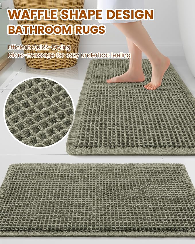 Smiry Waffle Bath Mat 30x20, Extra Soft Absorbent Bathroom Rugs, Non Slip Machine Washable Quick Dry Bath Rugs for Bathroom Floor, Tub, Shower, Home Decor Accessories, Green