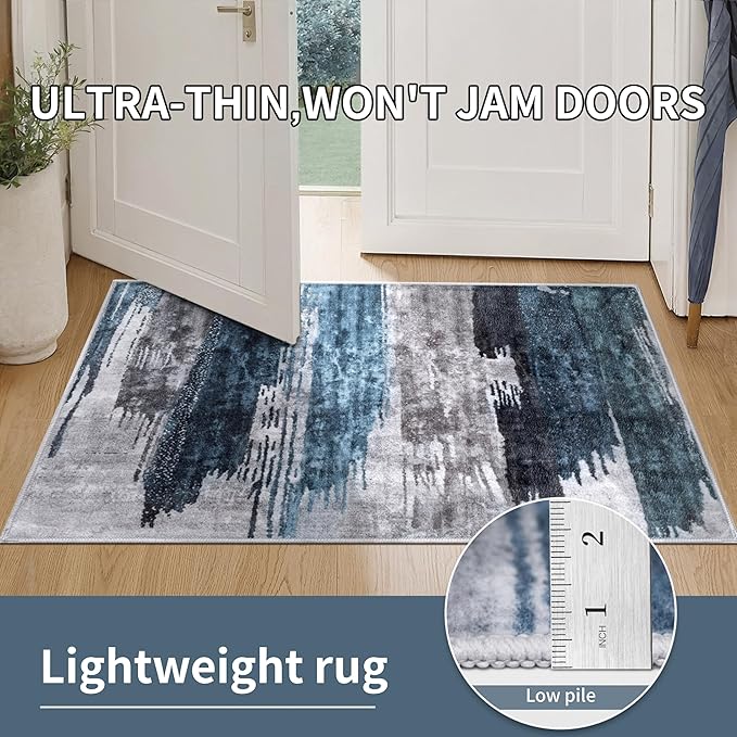 Ciicool 4ft Round Washable Rug, Modern Abstract Circle Rugs, Non-Slip Thin Low-Pile Rug Navy Grey Circular Print Distressed Carpet for Bedroom Living Room Under Dining Table Home Office Decor